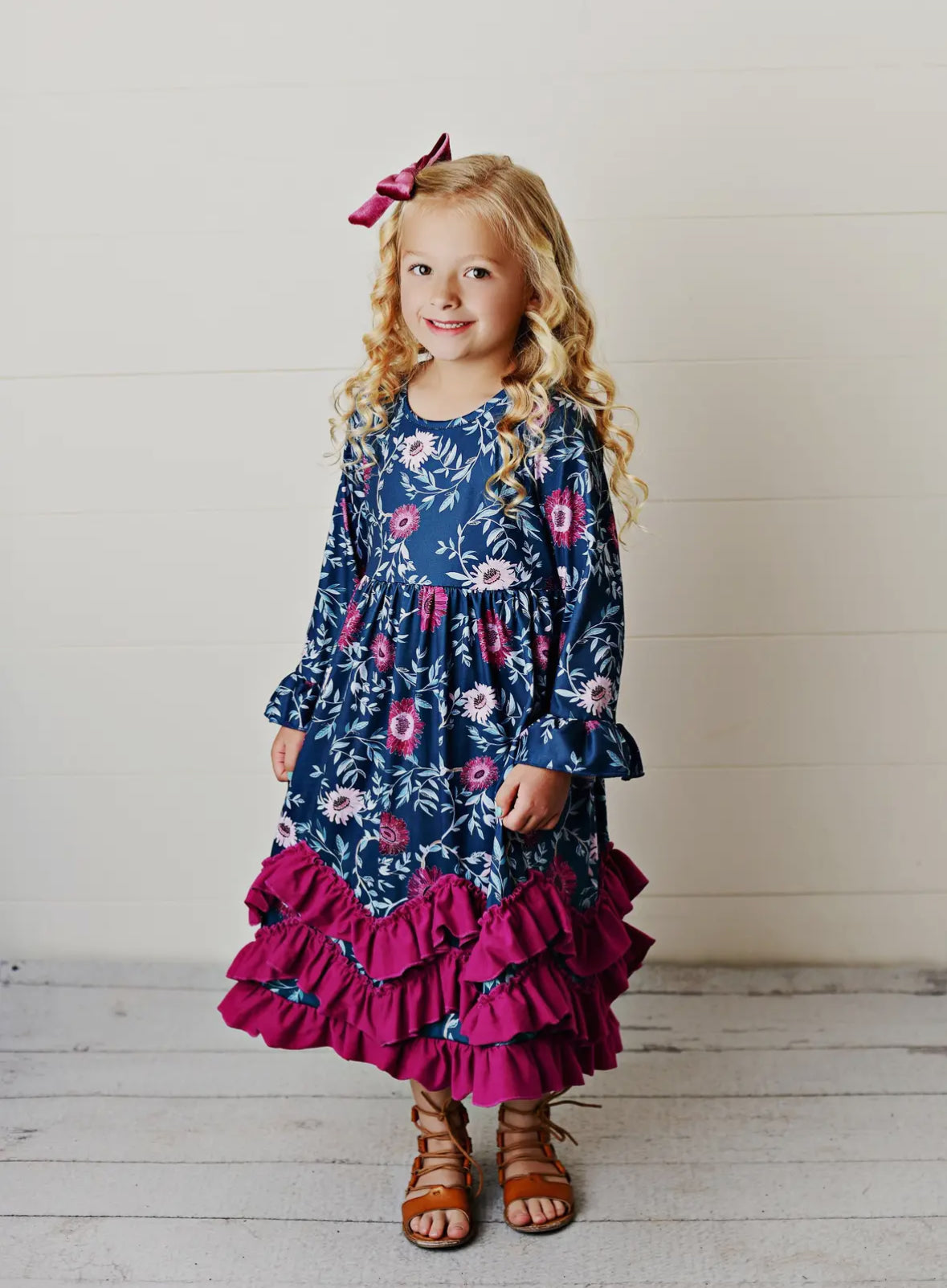 Kids Ruffle Dark Teal and Plum Long Sleeve Dress
