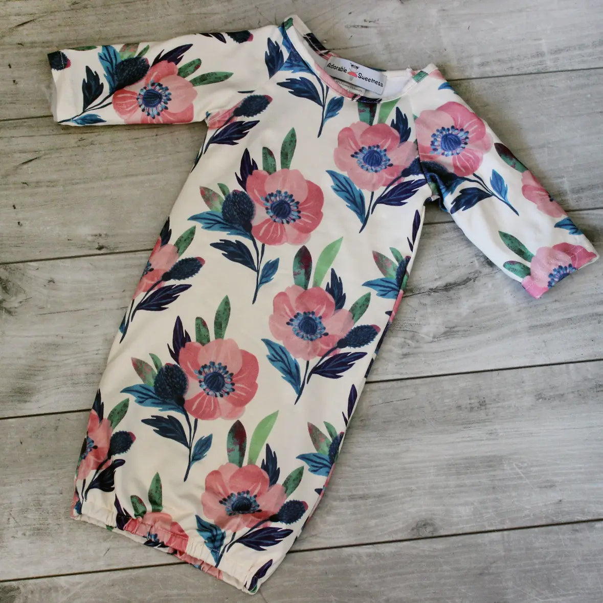 Pink Flowers Infant Gown And Bow Headband