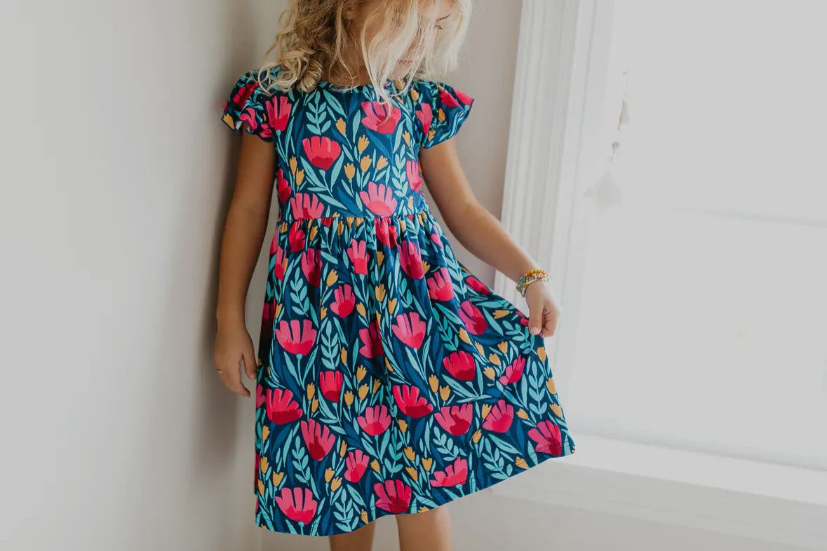 Blue Floral Flutter Sleeve Summer Dress