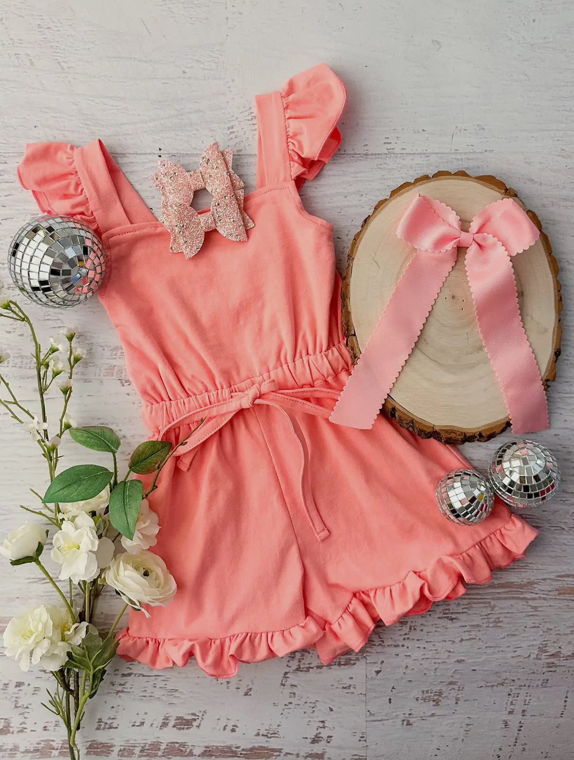 Coral Ruffle Romper