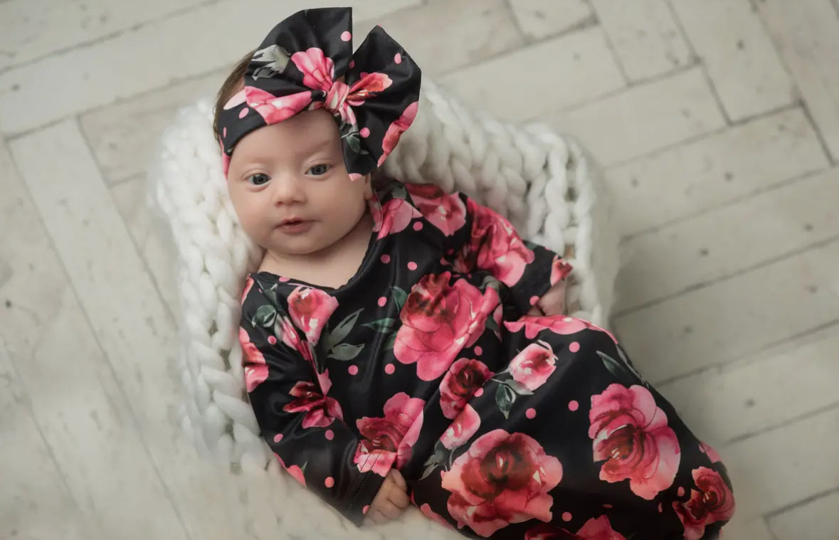 Black Dot Rose Infant Gown and Bow Headband