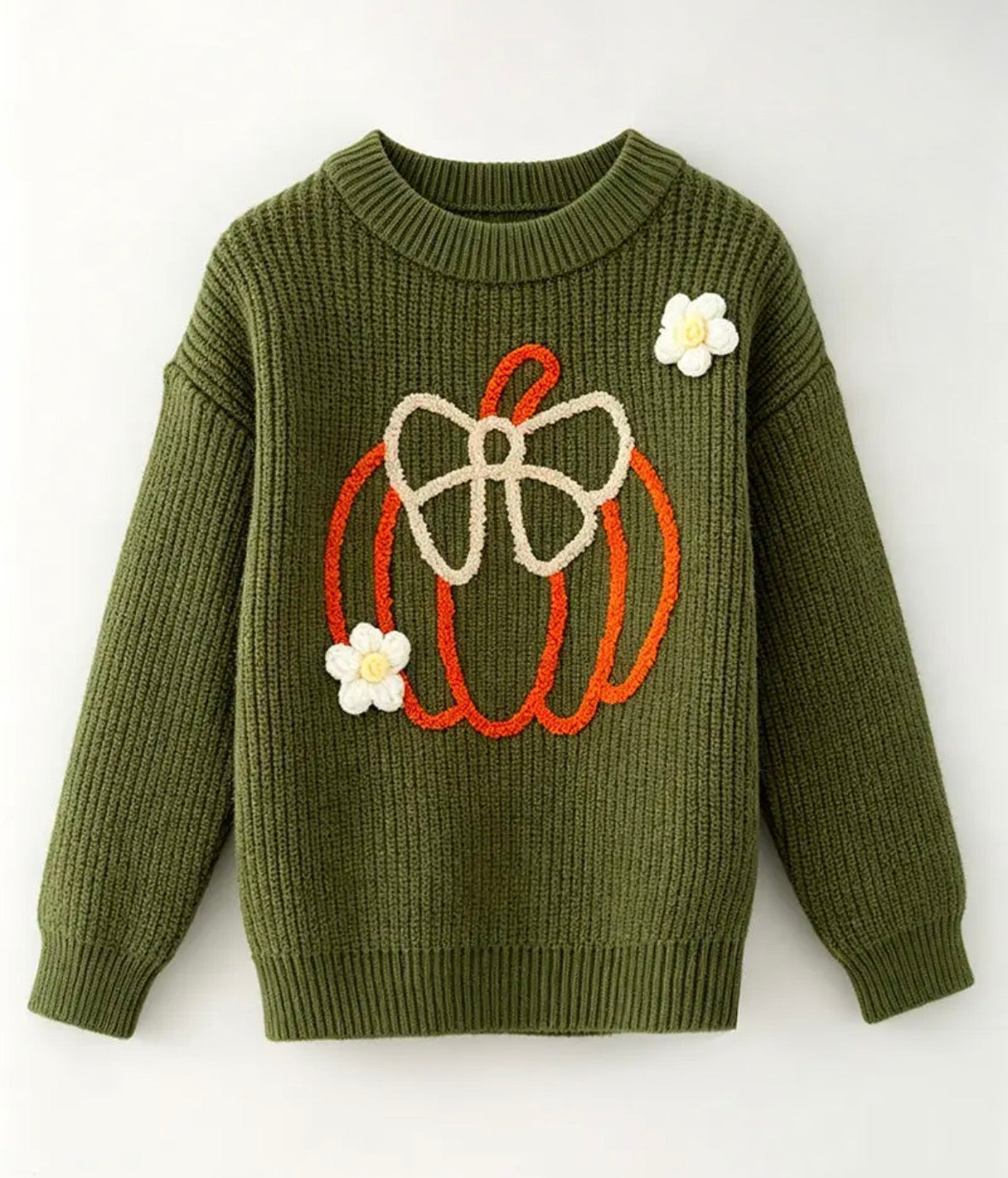 Olive Green Knit Sweater w/ Embroidered Pumpkin