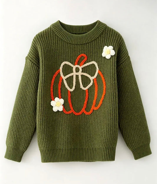 Olive Green Knit Sweater w/ Embroidered Pumpkin