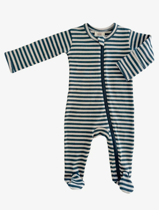 Steel Blue Stripe Organic Ribbed Footie