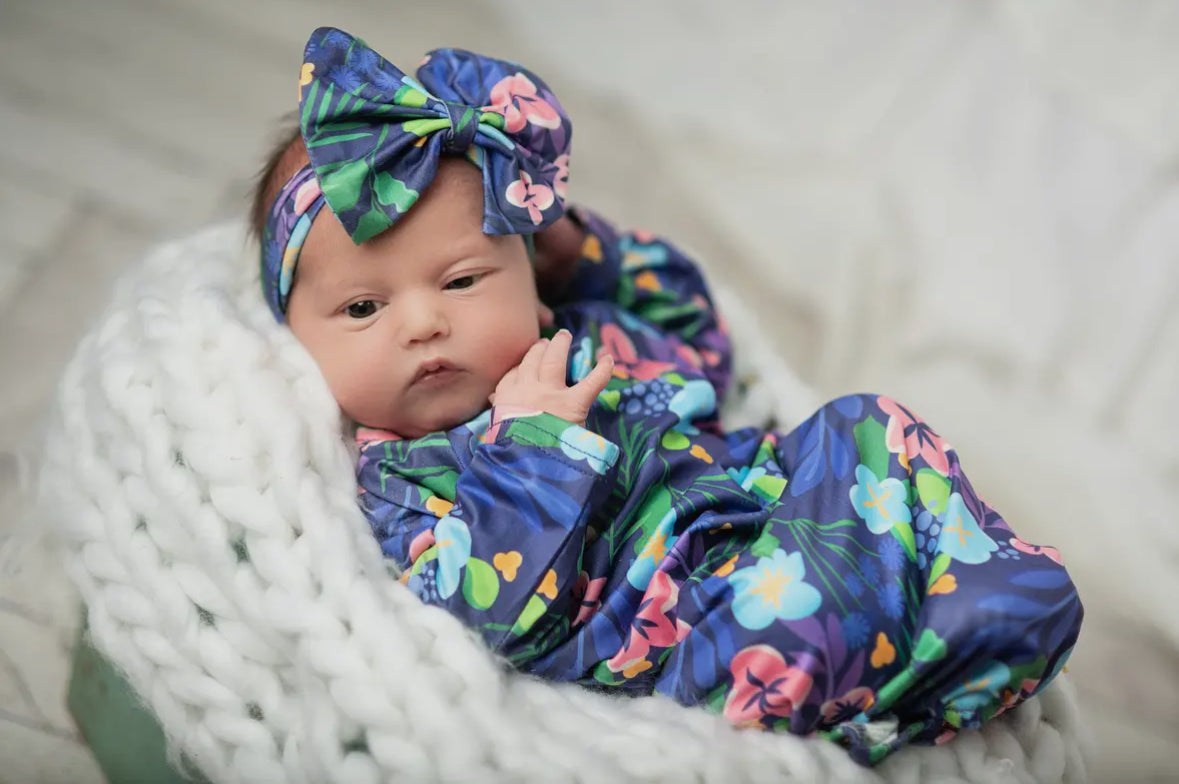 Pink Purple Floral Infant Gown and Bow Headband