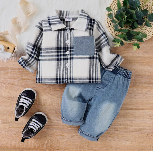 2 Piece Baby Boy Patch Pocket Plaid Shirt And Jeans