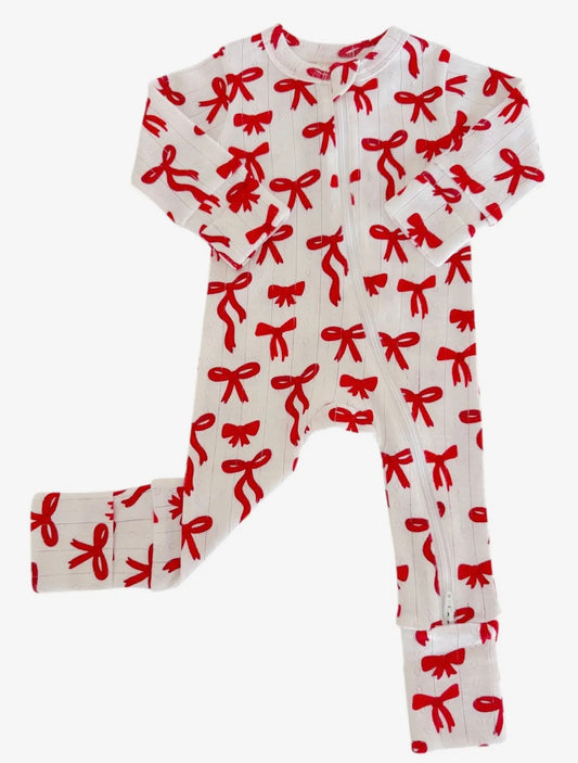 Red Bow organic 2-way zip romper