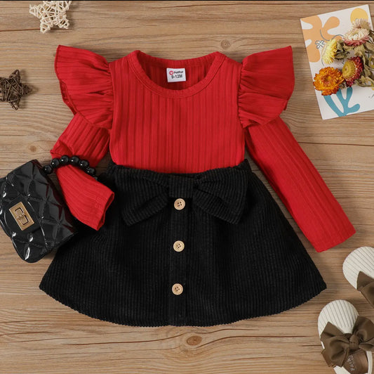 2 Piece Rib Knit Ruffled Top and Corduroy Skirt Set