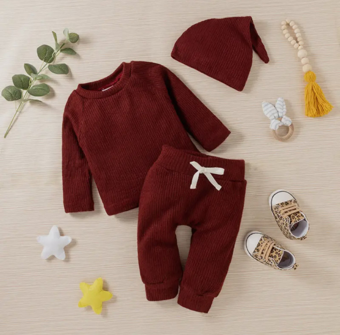 3 Piece Solid Ribbed Long Sleeve and Trouser Set